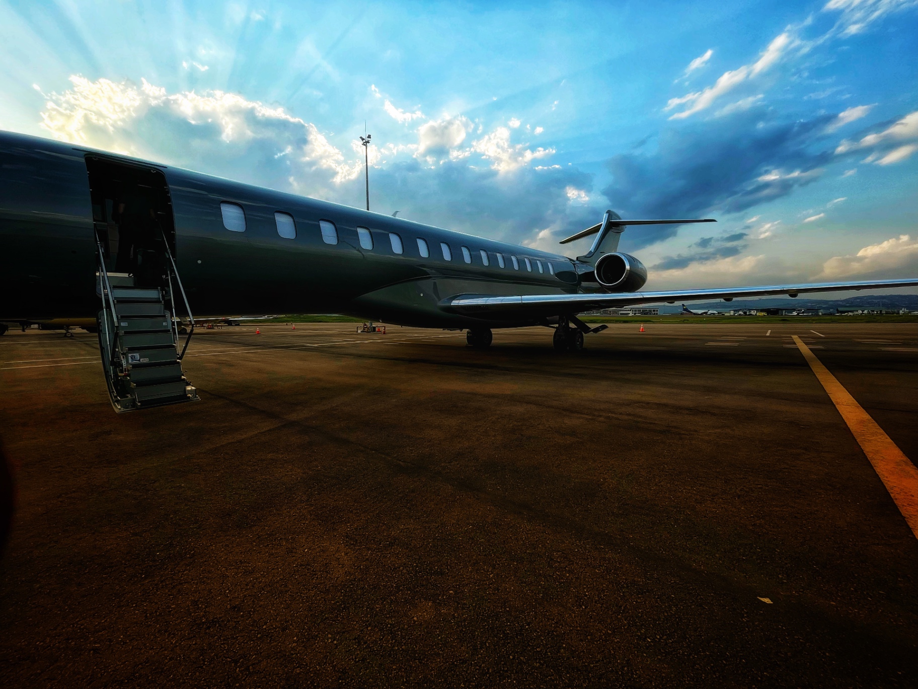 Global Express on tarmac at dusk